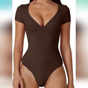 Women's V Neck Bodysuit Short Sleeve Body Suits Seamed Cup